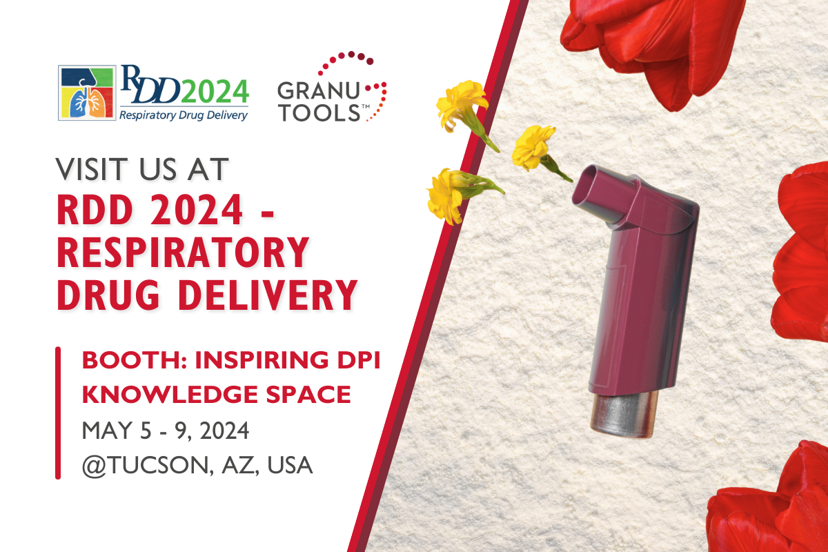 banner of Granutools to share that we will attend RDD Respiratory Drug Delivery from May 5 to 9 in Tucson, Arizona, USA